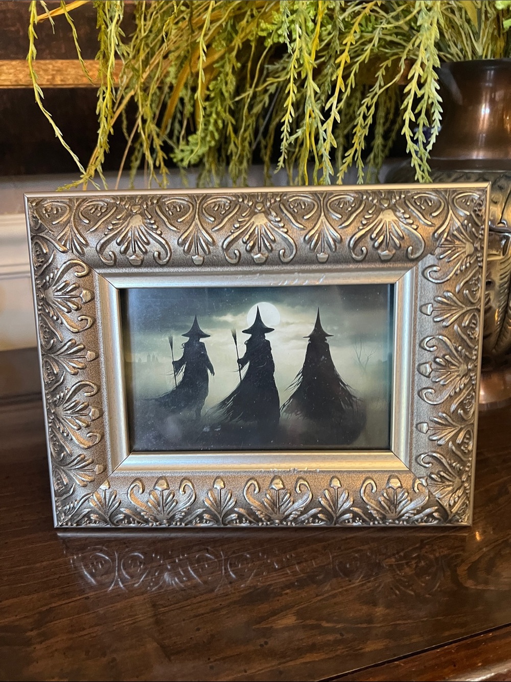 Silver Ornate Picture Frame with Decorative Filigree- Three witches - Halloween